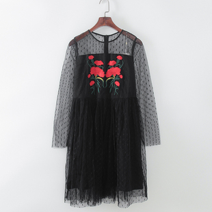 库存折扣网纱康乃馨长袖 品牌女装 连衣裙F651D 春夏新款 灵系列