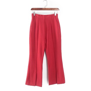 库存折扣大红色时髦开衩喇叭裤 专柜女装 Y4828 春秋新款 香蕉系列