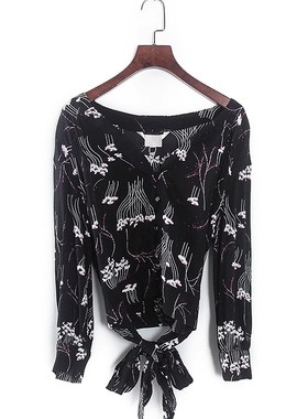 香蕉系列 春秋新款专柜女装库存折扣黑花绑带装饰上衣Y4871C