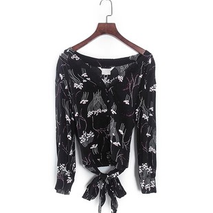 库存折扣黑花绑带装 专柜女装 饰上衣Y4871C 春秋新款 香蕉系列
