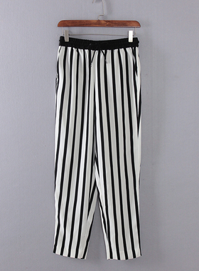 MC系列 夏季新品品牌女装库存折扣黑白竖条纹显瘦休闲裤S2941C