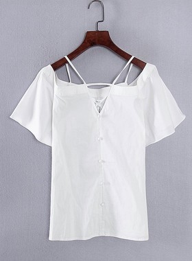 香蕉系列 夏季新款专柜女装库存折扣漂白吊带露肩衬衫Y4544C