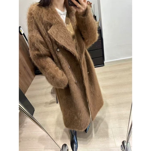 新年战袍拉毛100%山羊绒长毛大衣女廓形双排扣白色宽松中长款外套