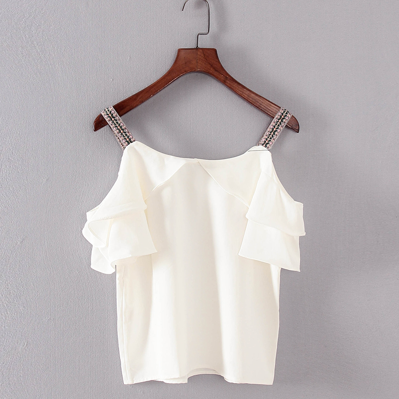 碧系列 夏季新款品牌女装库存折扣法式露肩白色上衣F1742C