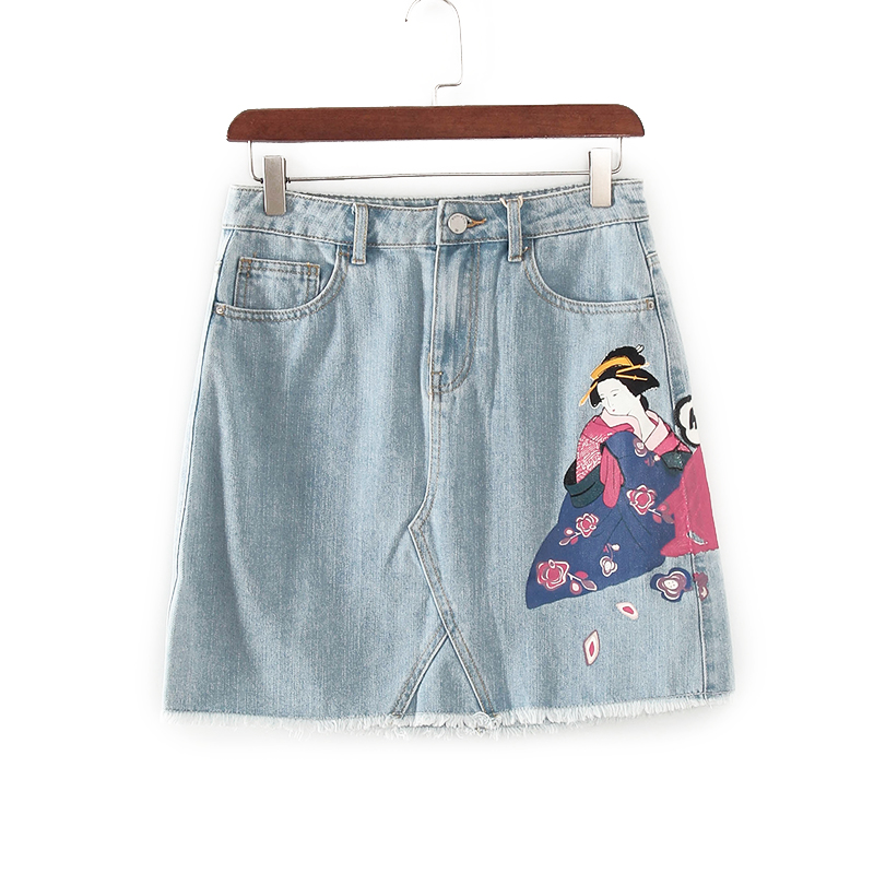 碧系列 春夏新款品牌女装库存折扣浅蓝色印花牛仔短裙F1882C