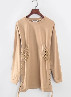 香蕉系列 春秋新款专柜女装库存折扣个性鸡眼穿绳长T恤Y4941A