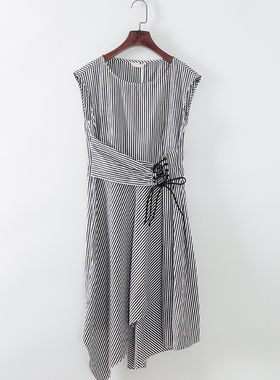 索系列 夏季新款品牌库存折扣女装通勤气质款绑带条纹连衣裙F817B