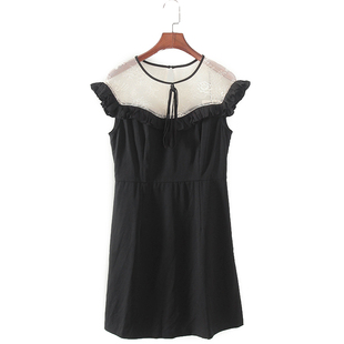 品牌女装 新款 库存折扣小个子减龄拼蕾丝连衣裙F1810A 夏季 碧系列