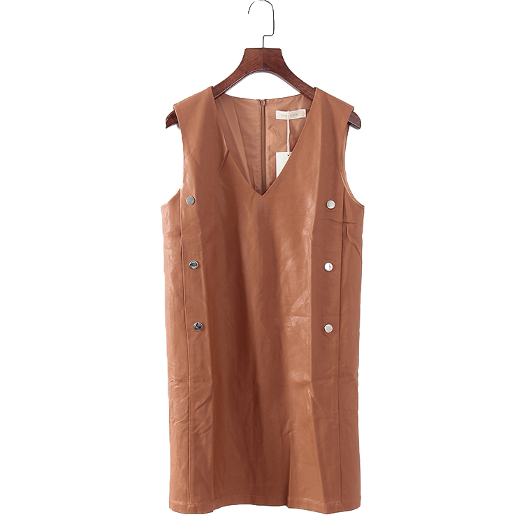 韩版纯色V领无袖背心连衣裙