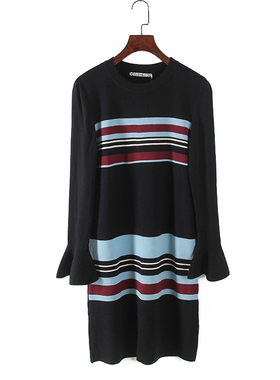 纳系列 春秋款高端女装库存折扣条纹喇叭袖针织连衣裙Y3308A