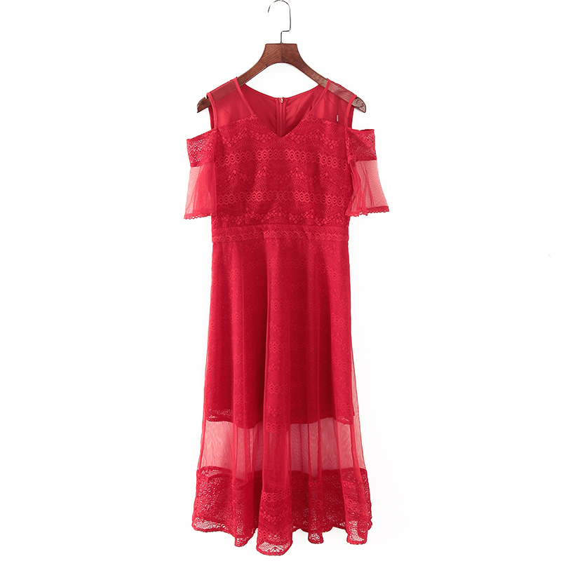 碧系列 夏季新款品牌女装库存折扣短袖露肩V领蕾丝连衣裙F1785A