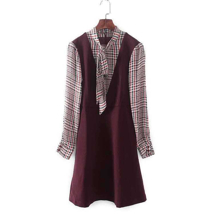 学院风格纹假两件长袖连衣裙