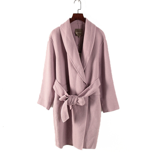 库存折扣粉红色韩版 高端女装 系带毛呢大衣Y3333 秋冬款 纳系列