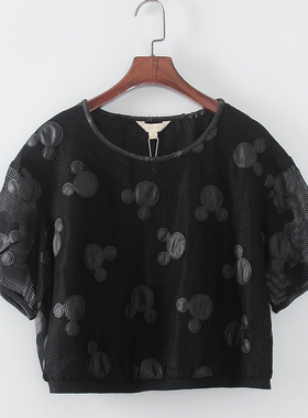 灵系列 夏季新款品牌女装库存折扣黑色网眼米奇T恤F607D