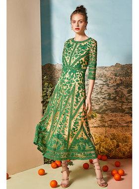 清夜莲 金丝线重工蕾丝连衣裙刺绣修身长款连衣裙大摆黑绿色轻薄