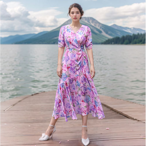 通勤收腰真丝印花开叉连衣裙