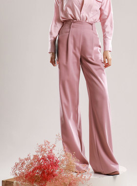 霁霞垂影  含羊毛显瘦长直筒裤高腰名媛淑女裤粉绿色2025秋冬新