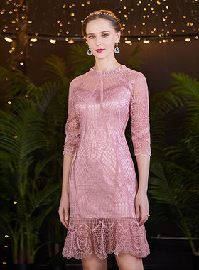 清仓【眼波流转】网纱刺绣淑女连衣裙气质修身七分袖蕾丝春秋季