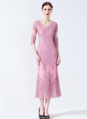 【误入凡尘】仙美网纱刺绣连衣裙修身收腰金丝线重工蕾丝礼服粉色