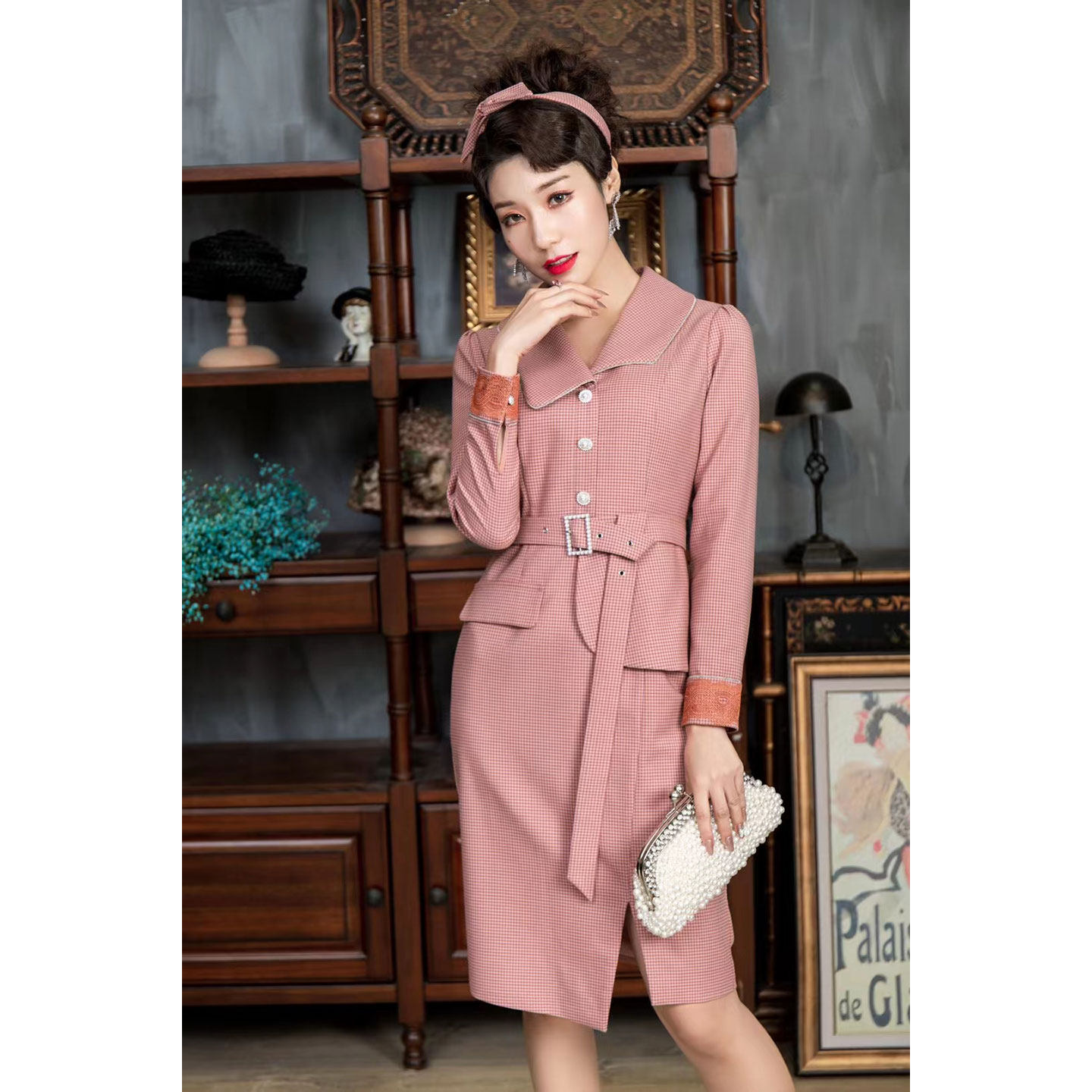 绯香密语 小香风深粉色格子假两件套装连衣裙收腰气质通勤女装新,女装/女士精品,连衣裙,淘宝优惠券,粉丝福利购,淘宝优惠卷