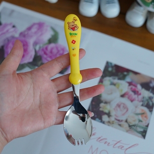 韩国进口可爱小熊儿童不锈钢叉勺勺叉子一体两用勺面条勺学生勺子