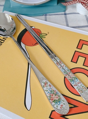 韩国进口SMF英式玫瑰花束 304不锈钢勺子筷子 实心扁筷子勺子套装