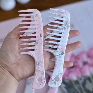韩国进口粉色玫瑰花梳子直板梳化妆直发梳便携式 加厚塑料女长发梳