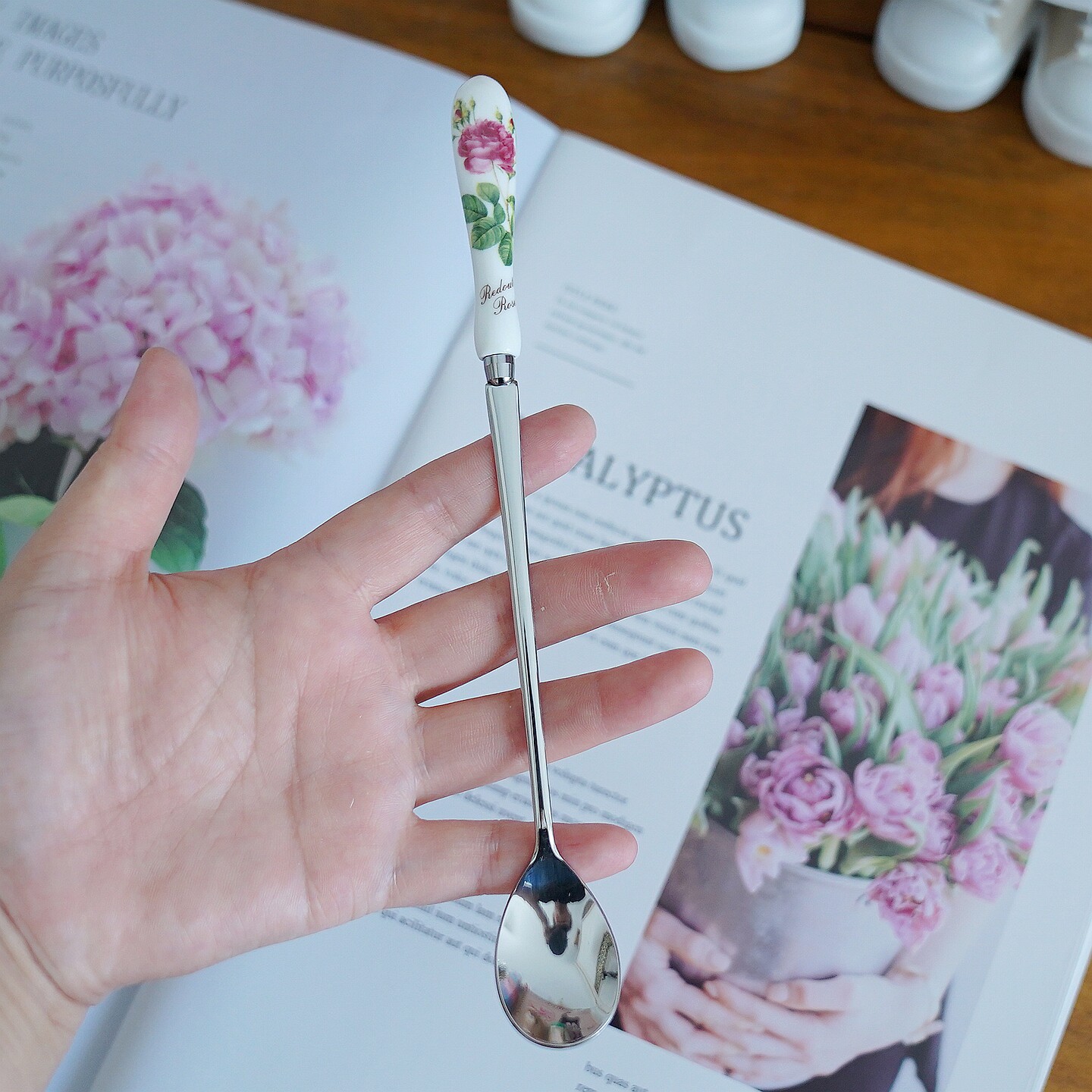 韩国玫瑰花陶瓷长柄咖啡勺家用食品甜品勺搅拌勺不锈钢冰勺蜂蜜勺
