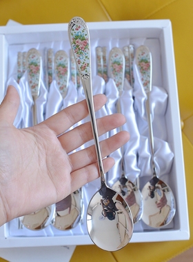 韩国进口SMF英格兰玫瑰花不锈钢筷子勺子不锈钢餐具礼盒10P套装