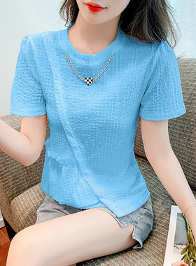 彩衣阁夏季设计感短袖显瘦粉白蓝色雪纺蕾丝衫淑女气质甜美上衣