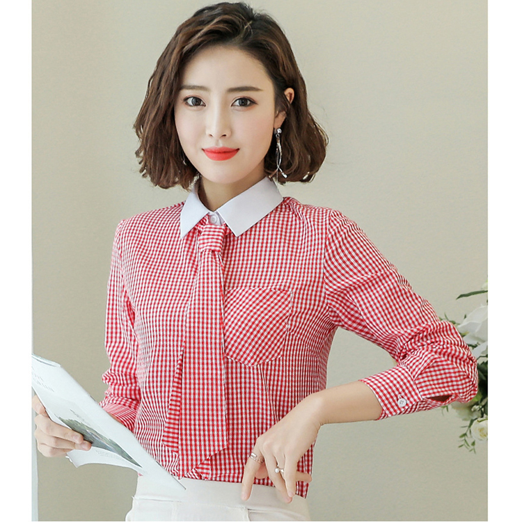时尚韩版细格子女士长袖衬衣