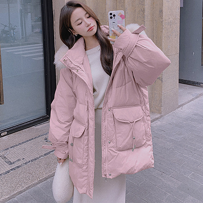 彩衣阁90白鸭绒羽绒服外套宽松休闲中长款嫩绿/粉色保暖防护