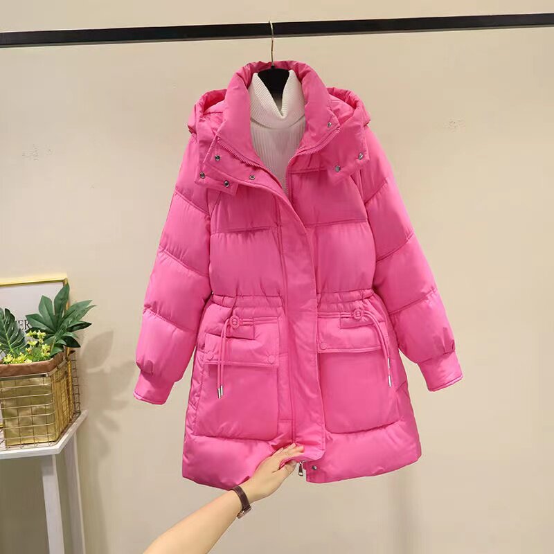 彩衣阁羽绒棉服女秋冬加厚保暖中长款玫红色拉绳收腰显瘦修身时尚