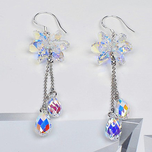 彩衣阁时尚闪亮奥利地水晶花形大气白彩色耳环美华丽璀璨流苏长款