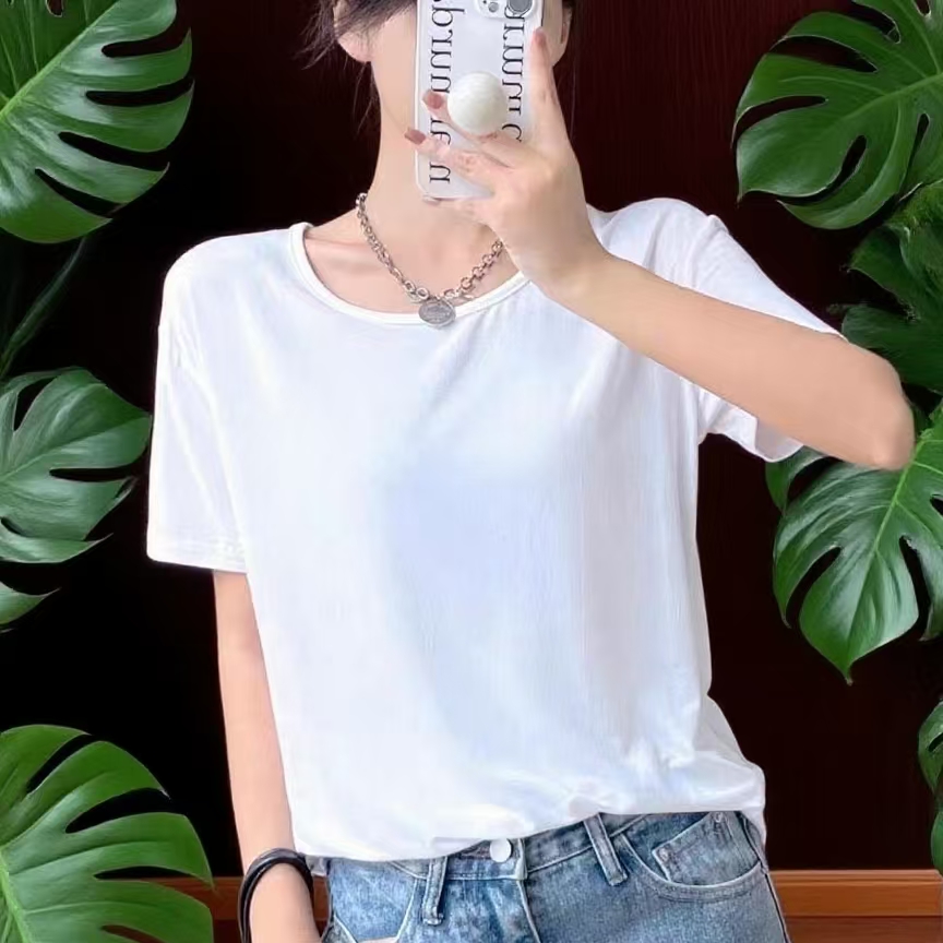 莫代爾寬松短袖T恤女2025新款夏季大圓領(lǐng)大碼百搭冰絲面膜上衣潮