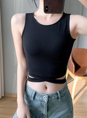 纯棉圆领短款露脐背心女夏季黑色百搭显瘦外穿上衣露腰打底内搭潮