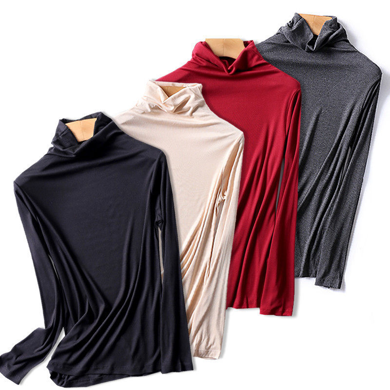 莫代尔高领打底衫春秋薄款女黑色内搭大码长袖T恤堆堆领百搭秋衣