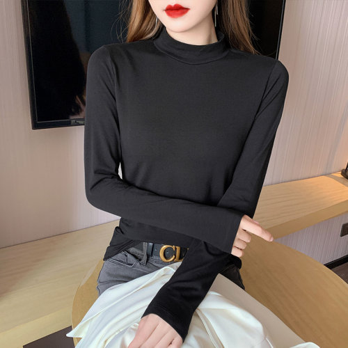 纯棉小高领设计感长袖t恤女