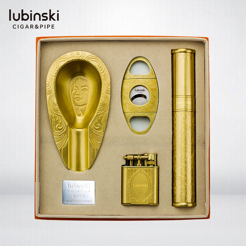 LUBINSKI雪茄套装烟灰缸防风直冲打火机剪刀雪加管四件铜烟具礼品