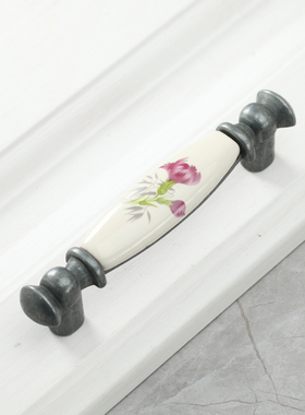 紫色花卉陶瓷拉手 古银古铁鸢尾花复古做旧家具衣橱柜书柜门把手