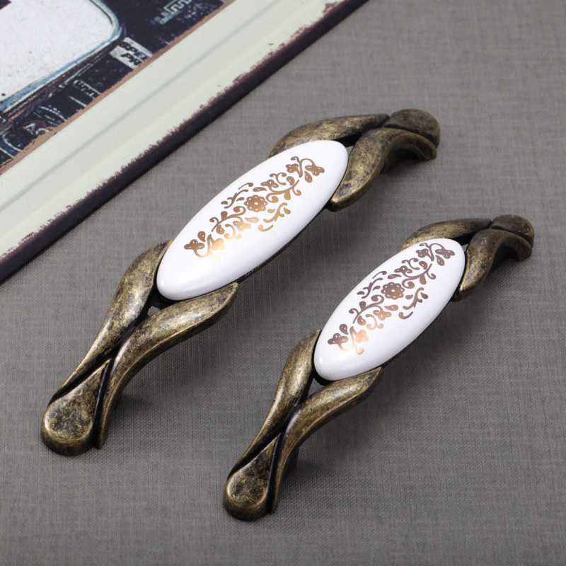 金色花陶瓷青古铜复古做旧锌合金属拉手 欧洲新古典大气家具把手