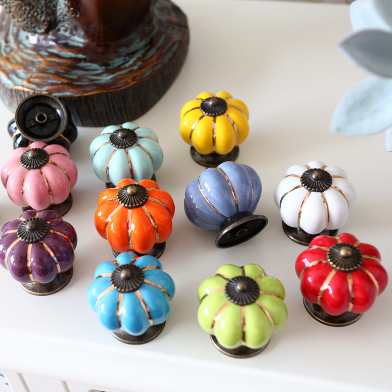 欧式田园乡村卡通陶瓷拉手 抽屉橱衣柜门把手金丝青古五彩南瓜梦