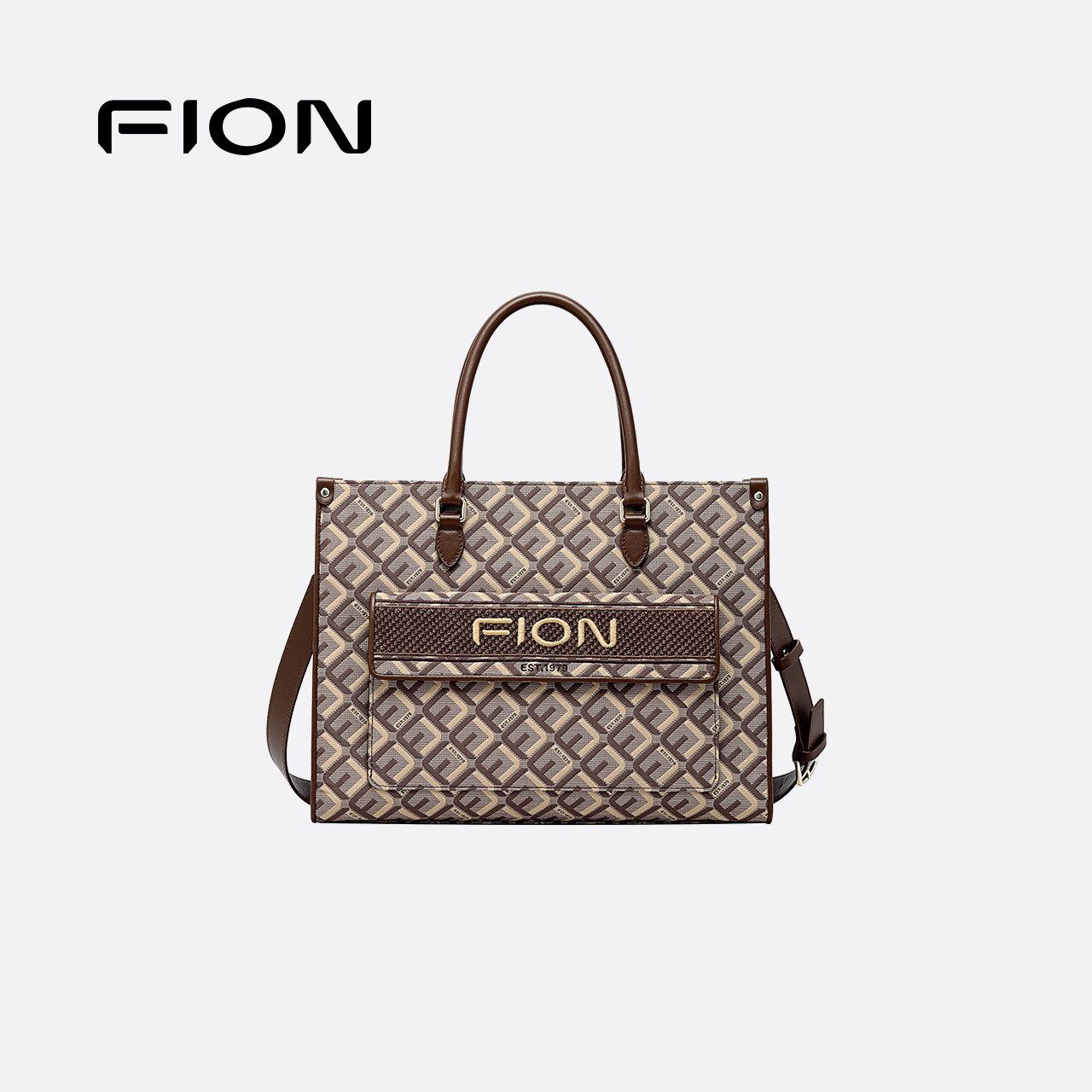 Fion/菲安妮菱标巧锦托特包新款大容量斜挎通勤单肩大包包女