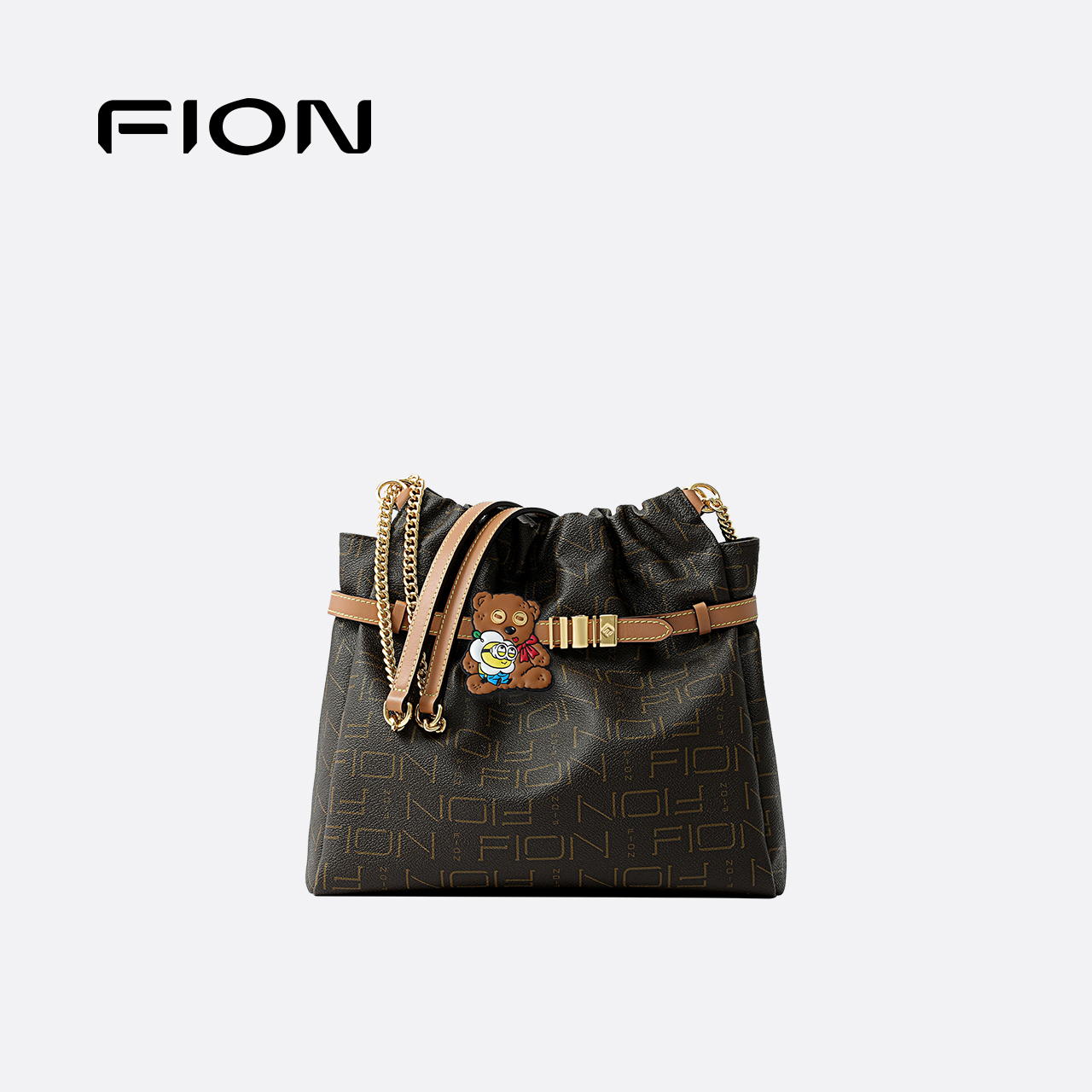 Fion/菲安妮音符水桶包女士垃圾袋老花斜挎包包大容量腋下单肩包