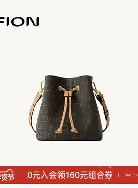 Fion/菲安妮老花水桶包女新款抽绳轻奢感休闲通勤单肩斜挎包包