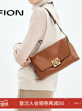 Fion/菲安妮真皮腋下包新款斜挎女包包精致轻奢单肩叠叠法棍软包