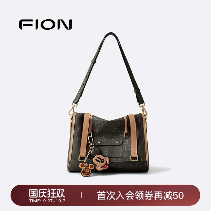 Fion/菲安妮迪士尼米奇邮差托特包复古老花通勤大容量单肩斜挎包