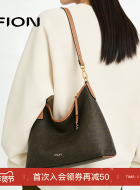 Fion/菲安妮老花托特包软hobo流浪包新款高级通勤小众斜挎包包女