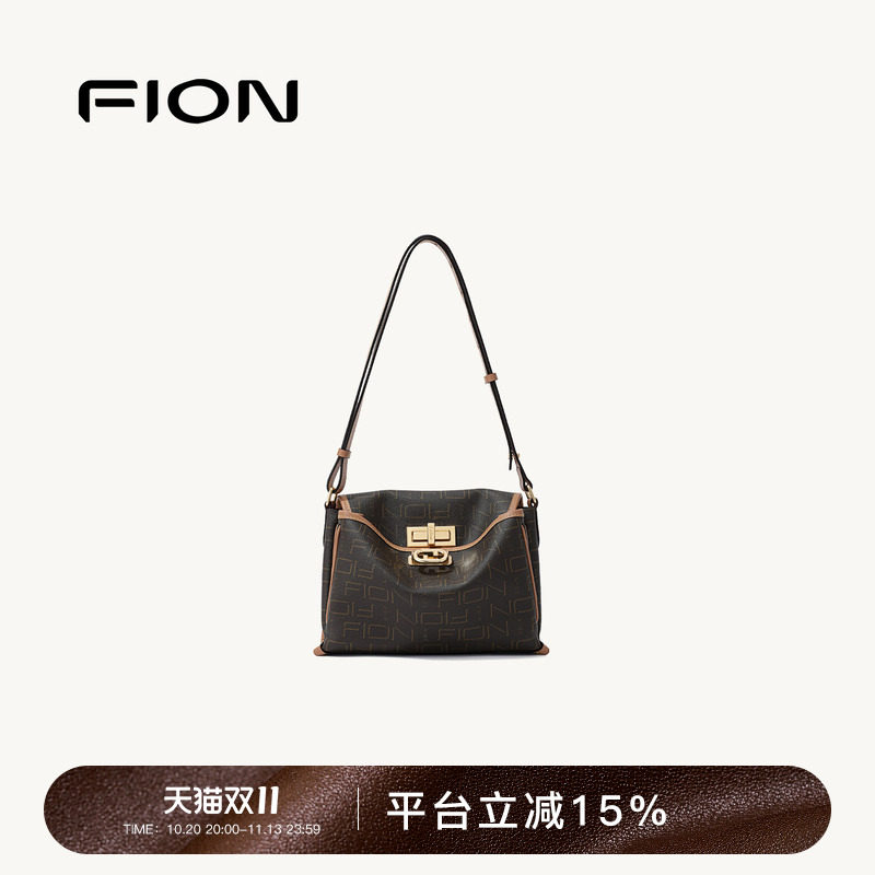 FION菲安妮官方老花托特包新款高级感小众女包包单肩斜挎公文包
