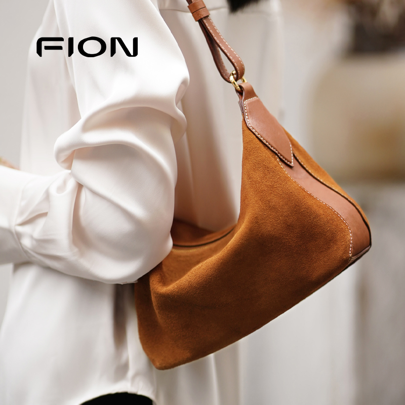 Fion/菲安妮真皮腋下包2025新款高级小众麂皮单肩hobo斜挎女包包